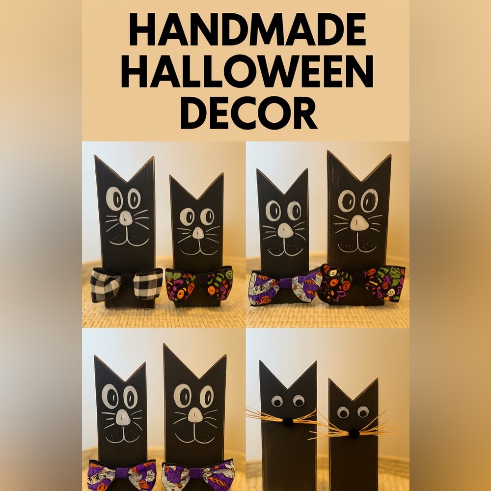 Handmade Wooden Black Cat Halloween Decor | Rustic Shelf Sitters (Set of 2)